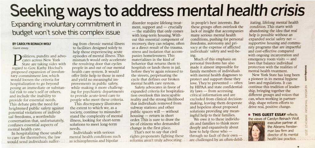 Carolyn Reinach Wolf Featured in Newsday: Seeking Ways to Address the Mental Health Crisis Thumbnail