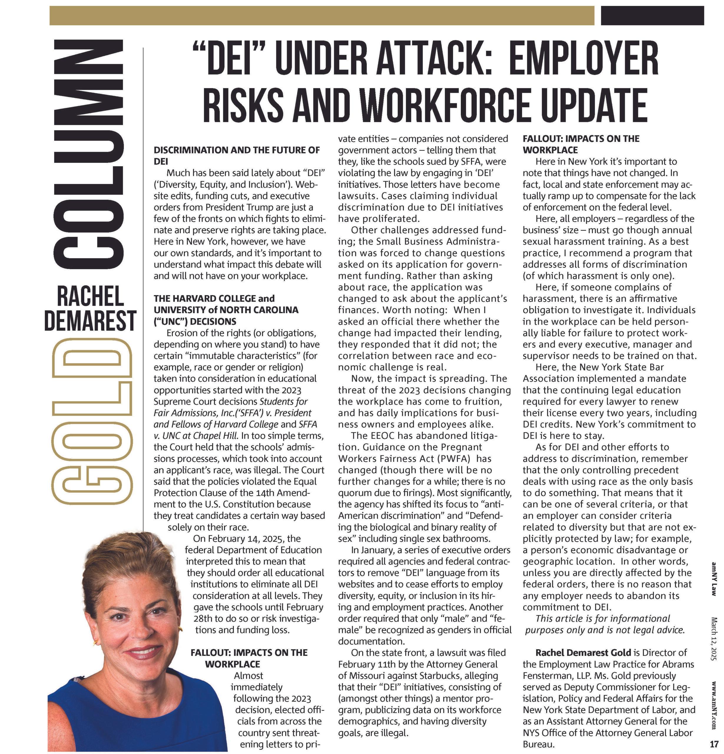 DEI Under Attack: Rachel Demarest Gold Article in amNY Law Thumbnail