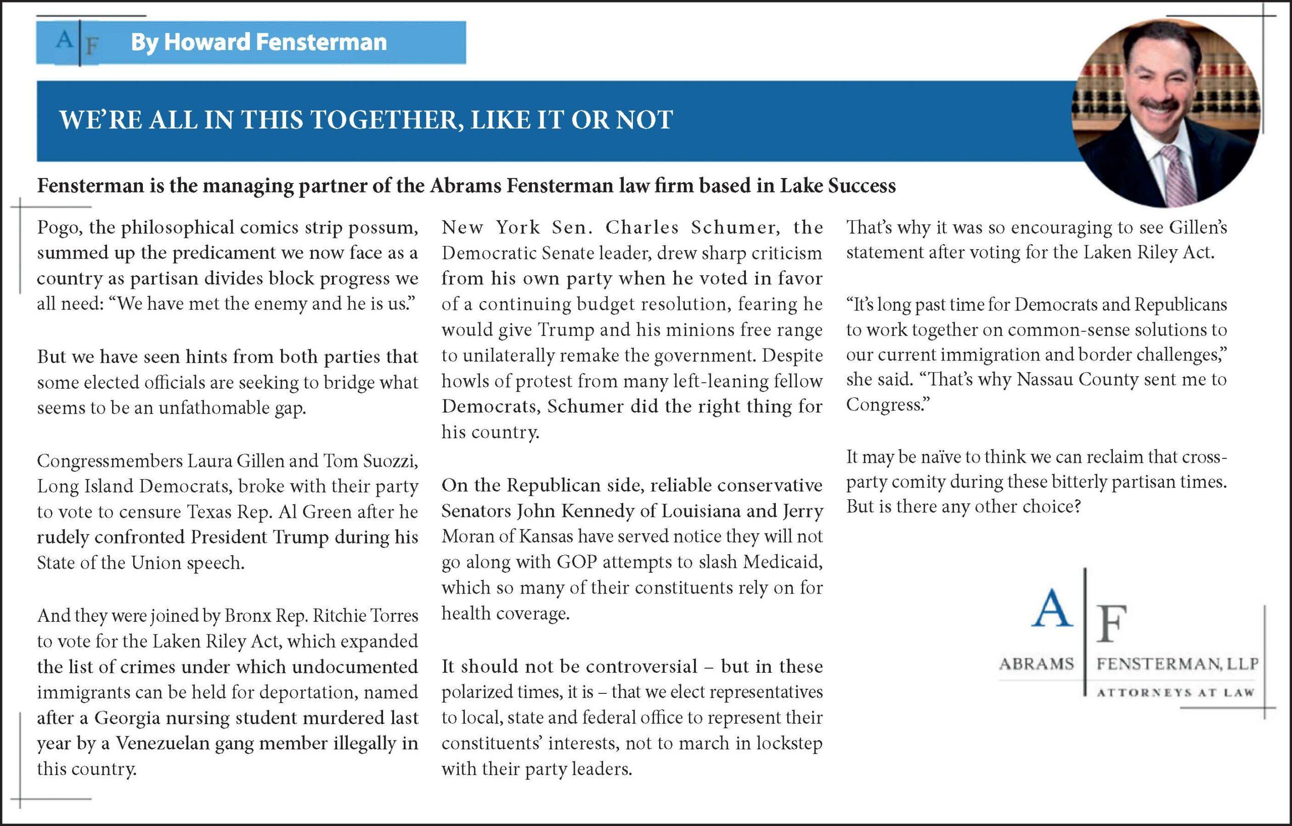 Howard Fensterman Op-Ed: “We’re All in This Together, Like It or Not.” Thumbnail