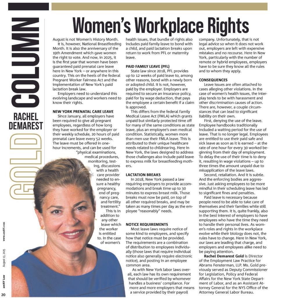 Women’s Workplace Rights: Rachel Demarest Gold Article in amNY Law Thumbnail