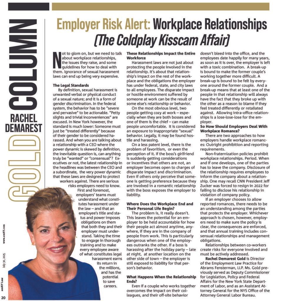 Employer Risk Alert: Workplace Relationships – Rachel Demarest Gold in amNY Law Thumbnail