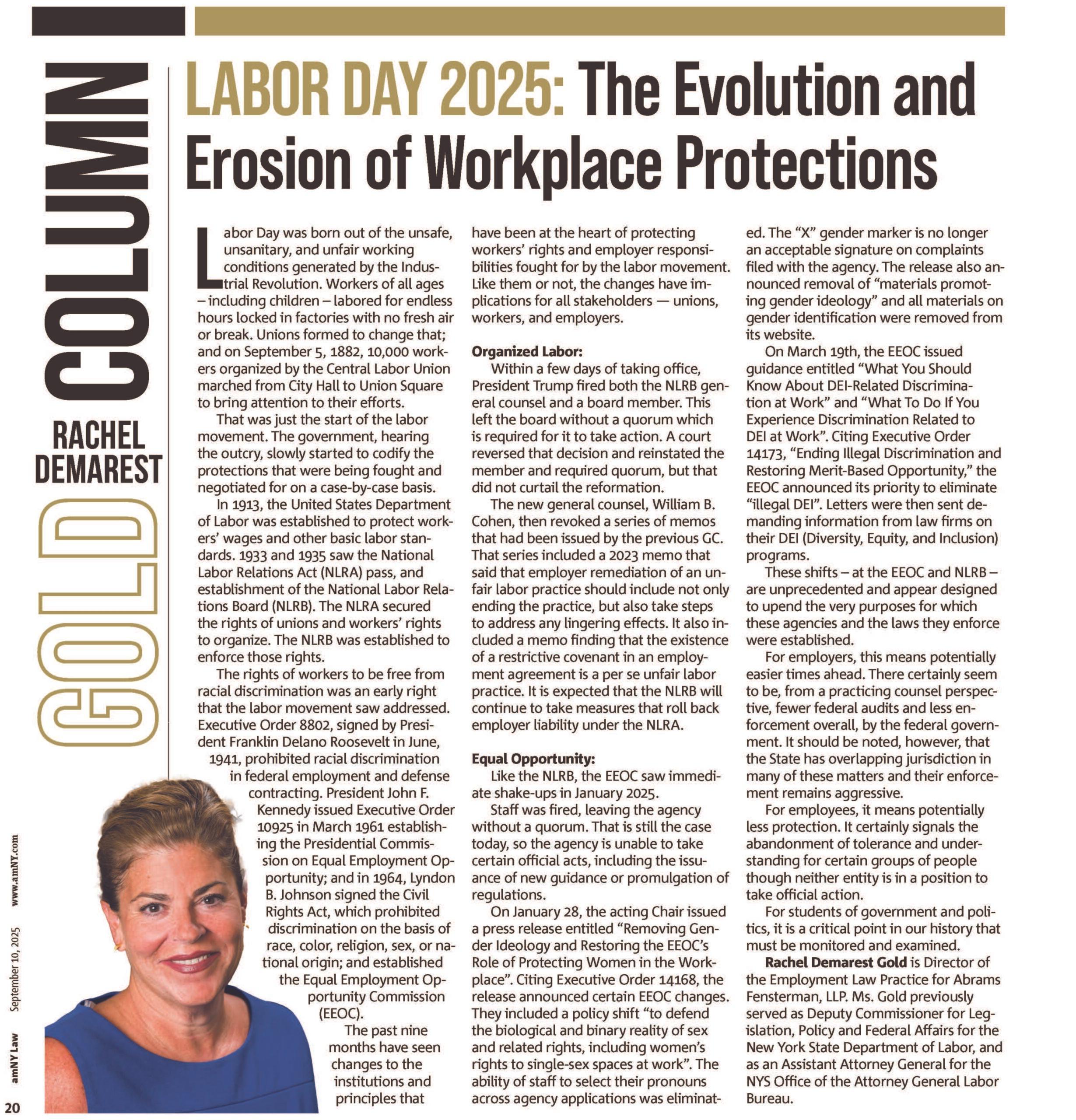Rachel Demarest Gold Examines the Shifting Landscape of Workplace Protections in amNY Law Thumbnail