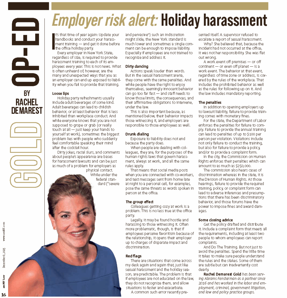 Rachel Demarest Gold Featured in amNY Law on Holiday Harassment Risks Thumbnail