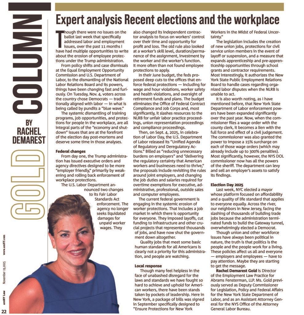 Rachel Demarest Gold Analyzes the Impact of the 2025 Elections on Workplace Rights in amNY Thumbnail
