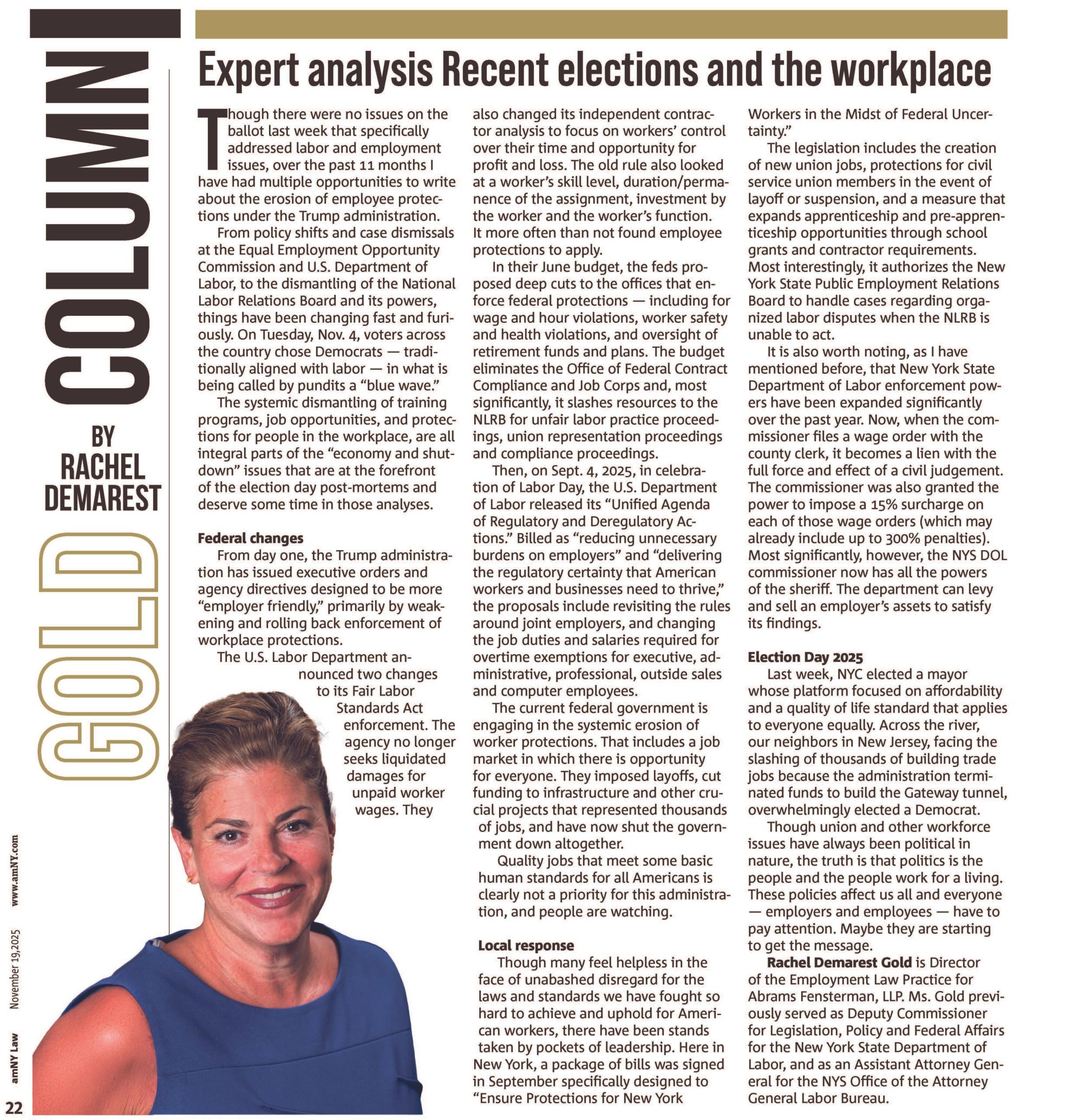 Rachel Demarest Gold Analyzes the Impact of the 2025 Elections on Workplace Rights in amNY Thumbnail