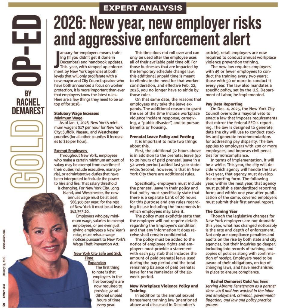 Partner Rachel Demarest Gold Featured in amNY Law on 2026 Employer Compliance Risks Thumbnail