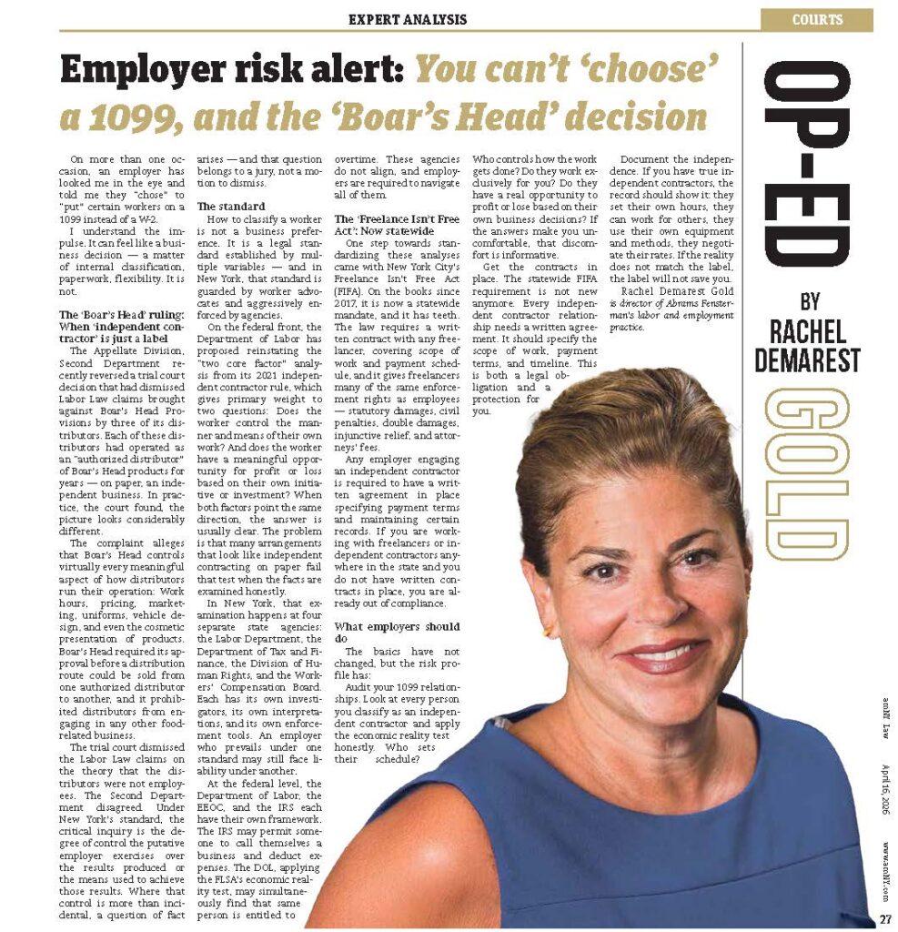 Rachel Demarest Gold Employer Risk Alert: 1099 Misclassification & Boar’s Head Appellate Win Thumbnail